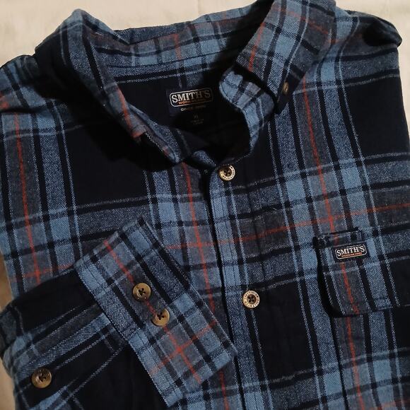 SMITH'S Work Wear Men's XL Deep Blue/Grey Plaid Flannel Easy Care Long-Sleeved - Picture 7 of 11